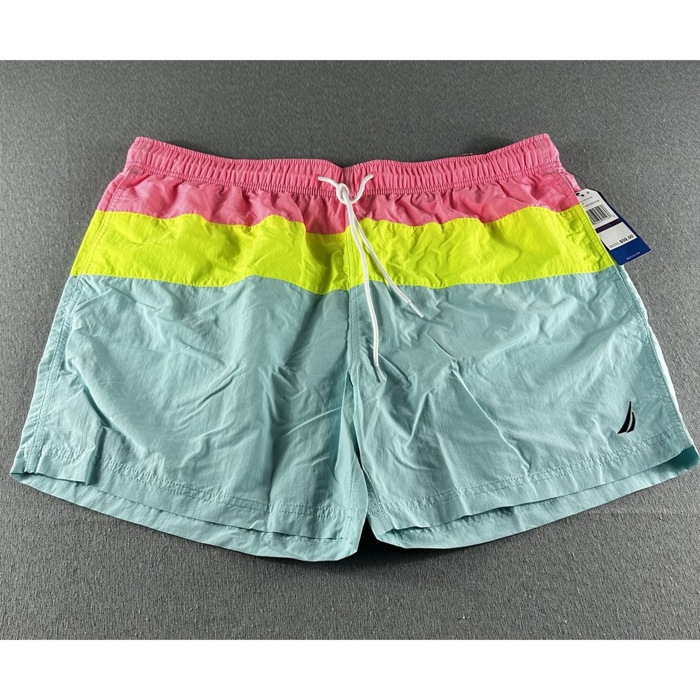 Nautica Swim Trunks Mens 2XL Blue Green Performance Colorblock Stripe Lined New